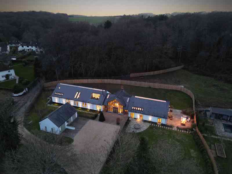 An aerial view of Bluey’s Lodge shows clearly the two barns it was converted from